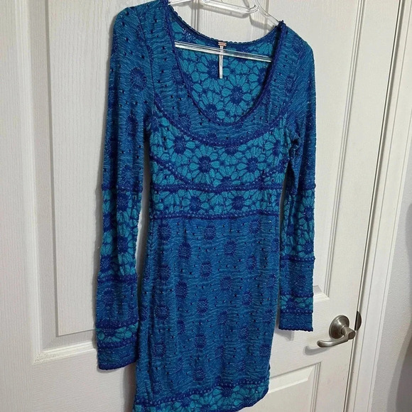Free People Botanical Forest Long Sleeve Floral Bodycon Dress Blue Daisy XS - Picture 4 of 13